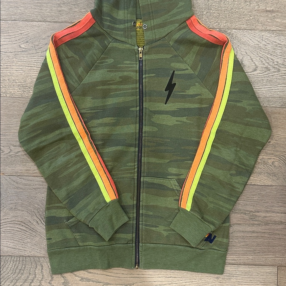 Aviator Nation Green Camouflage Hoodie with Colorful Stripes